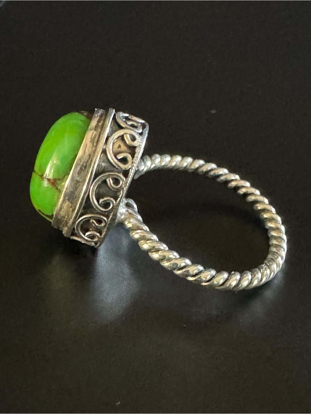 Sterling Silver Green Turquoise Bali Ring - Artisan Filigree - Size 5 - Picture 4 of 8